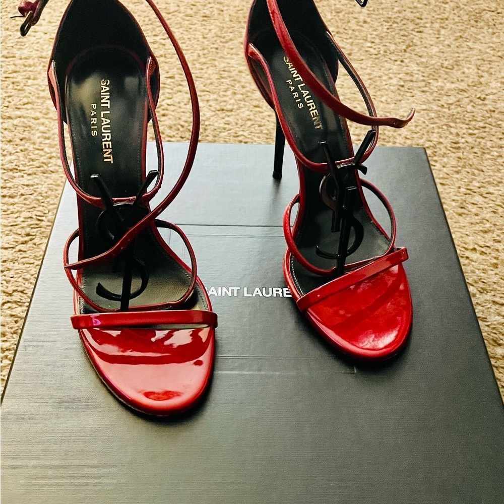 Yves Saint Laurent Red Patent Leather Strappy Heels - Picture 15 of 16